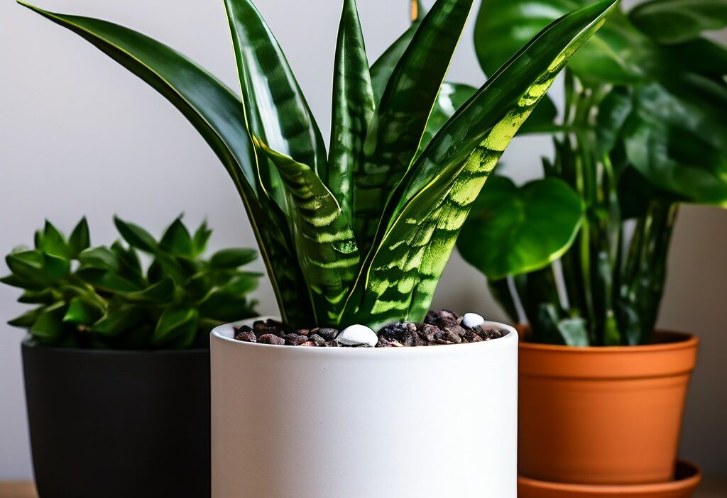 A tall snake plant in a sleek white pot, perfect for indoor decor